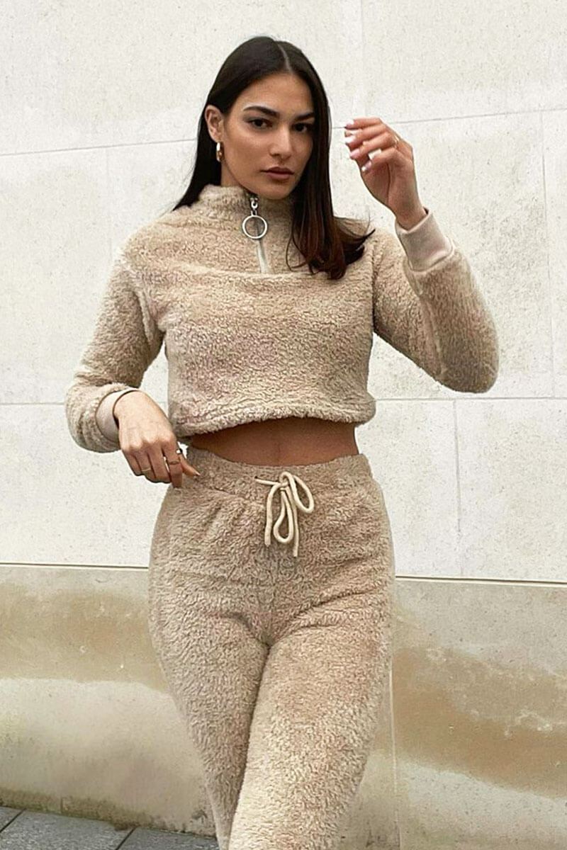Stone Cropped Zip Front Teddy Jumper - Brady-Jumper