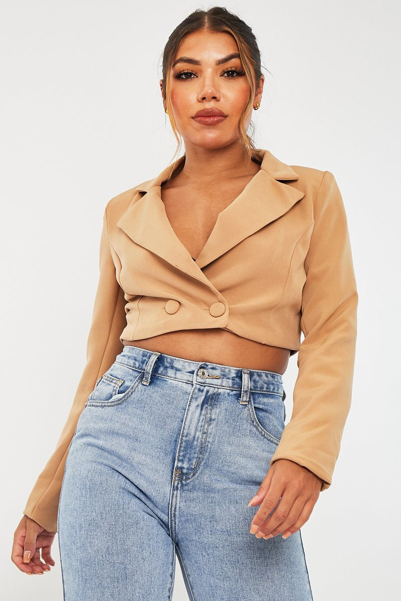 Stone Double Button Cropped Blazer - Dolly-Blazers