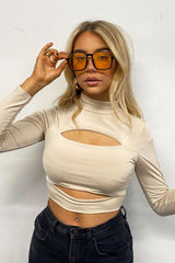 Stone Double Cut Out High Neck Slinky Crop Top - Joana-Crop Tops