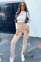 Stone Double Cut Out High Neck Slinky Crop Top - Joana-Crop Tops