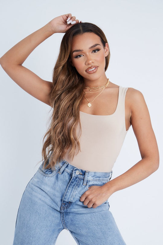Stone Double Layered Slinky Square Neck Bodysuit - Iriana