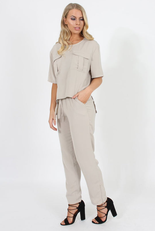 Stone Elasticated Waist & Zip Detail Trousers - Parker