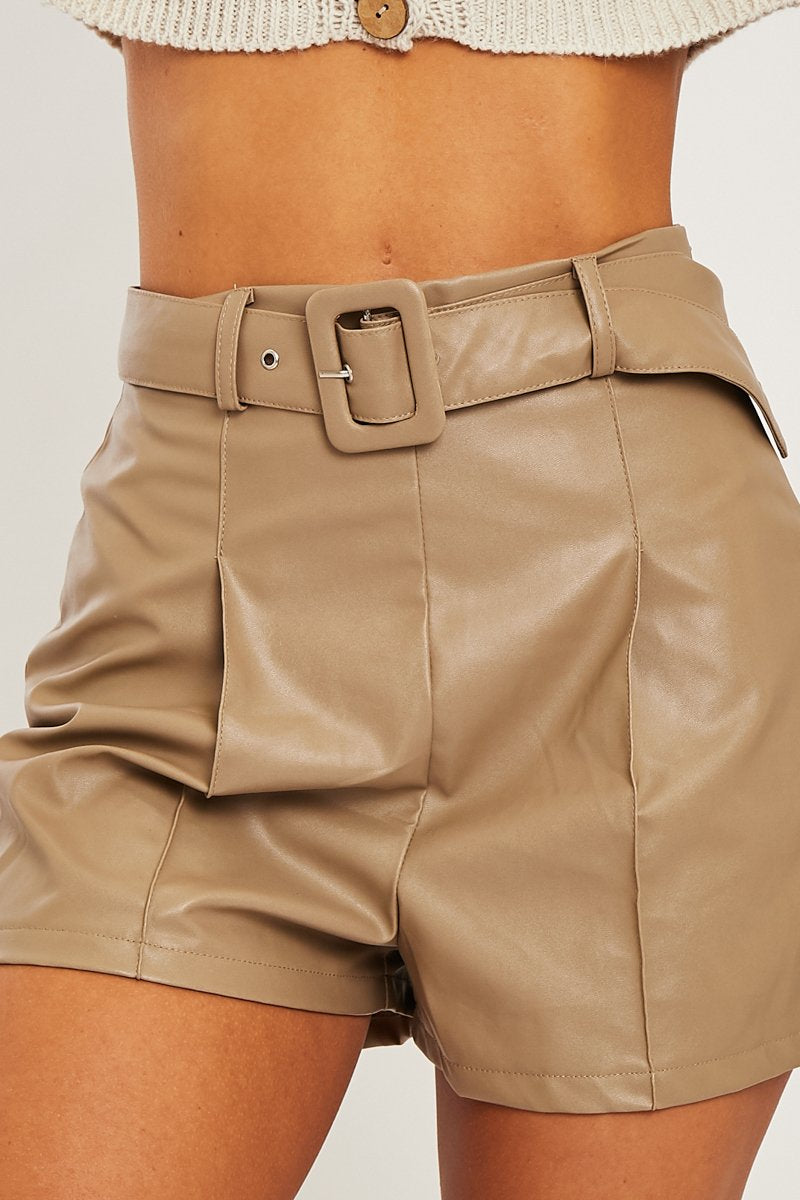 Stone Faux Leather Buckle Belt Shorts - Tamra-Shorts
