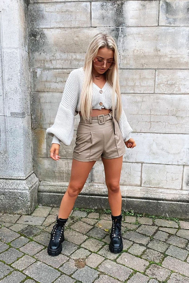 Stone Faux Leather Buckle Belt Shorts - Tamra-Shorts