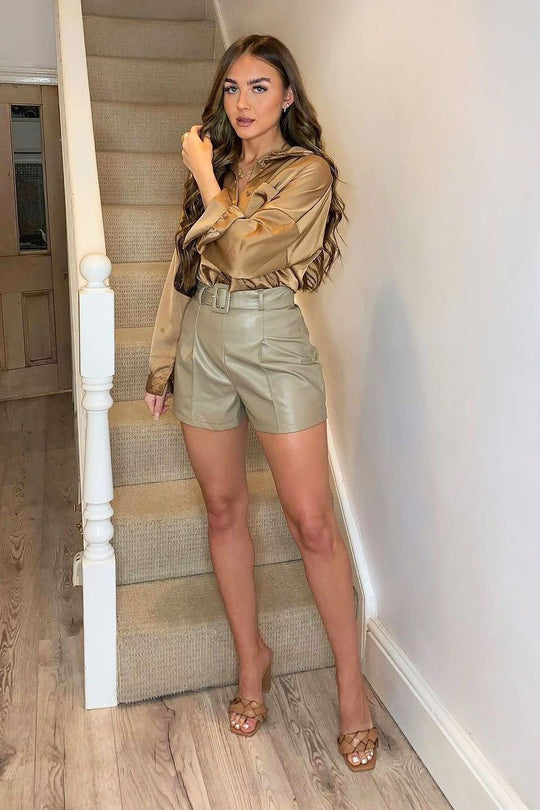 Stone Faux Leather Buckle Belt Shorts - Tamra