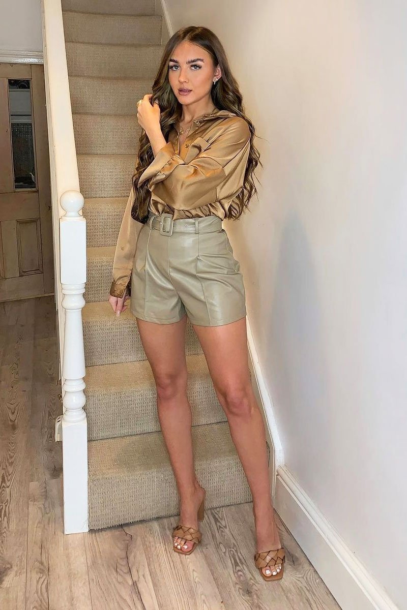 Stone Faux Leather Buckle Belt Shorts - Tamra-Shorts