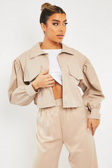 Stone Faux Leather Cropped Shacket - Ivyana-Shacket