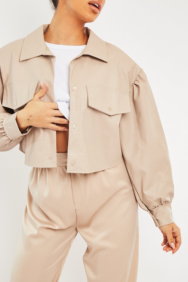 Stone Faux Leather Cropped Shacket - Ivyana-Shacket