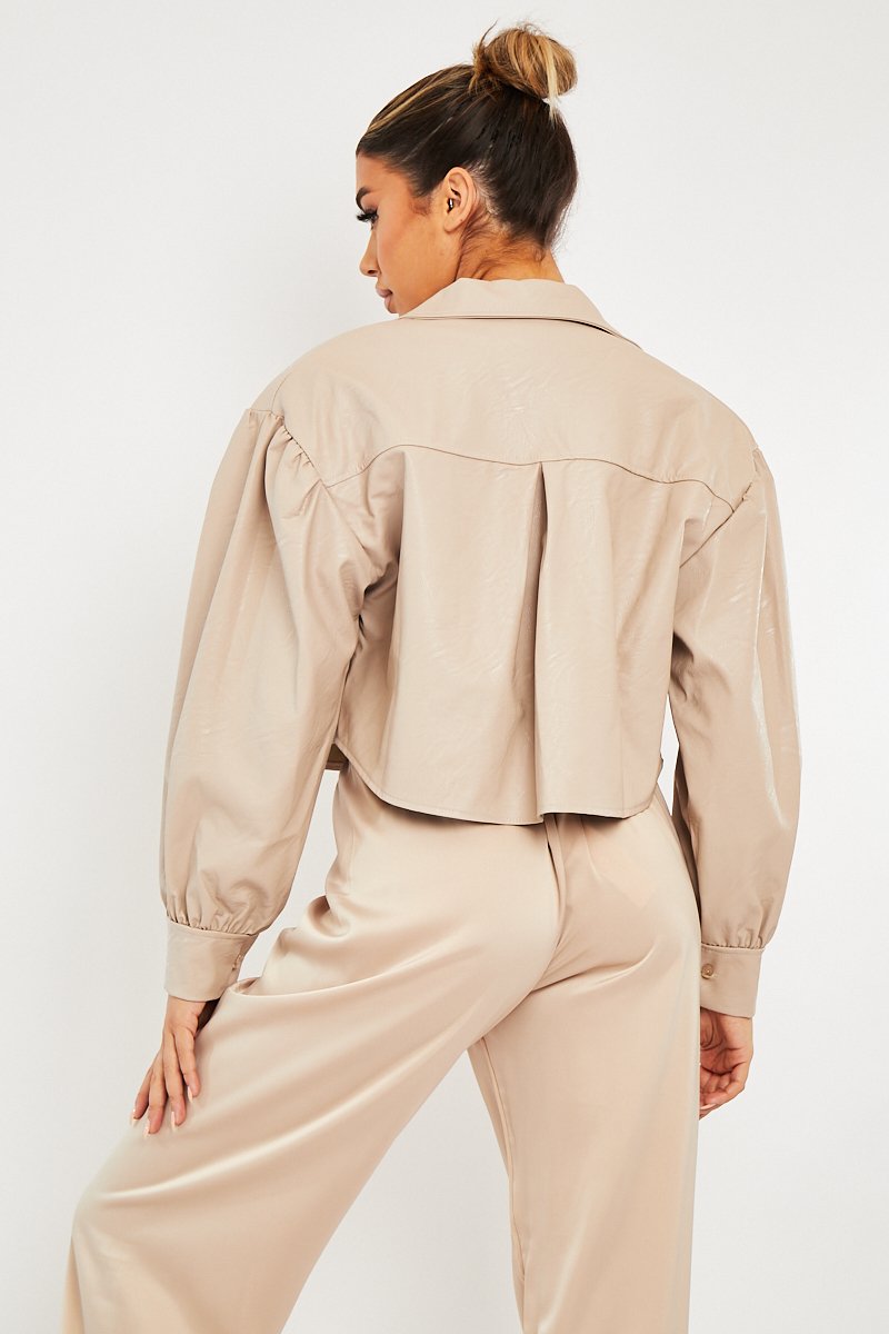 Stone Faux Leather Cropped Shacket - Ivyana-Shacket