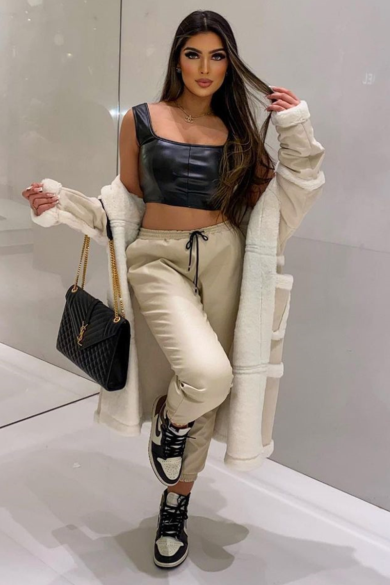 Stone Faux Leather Drawstring Waist Joggers - Persia