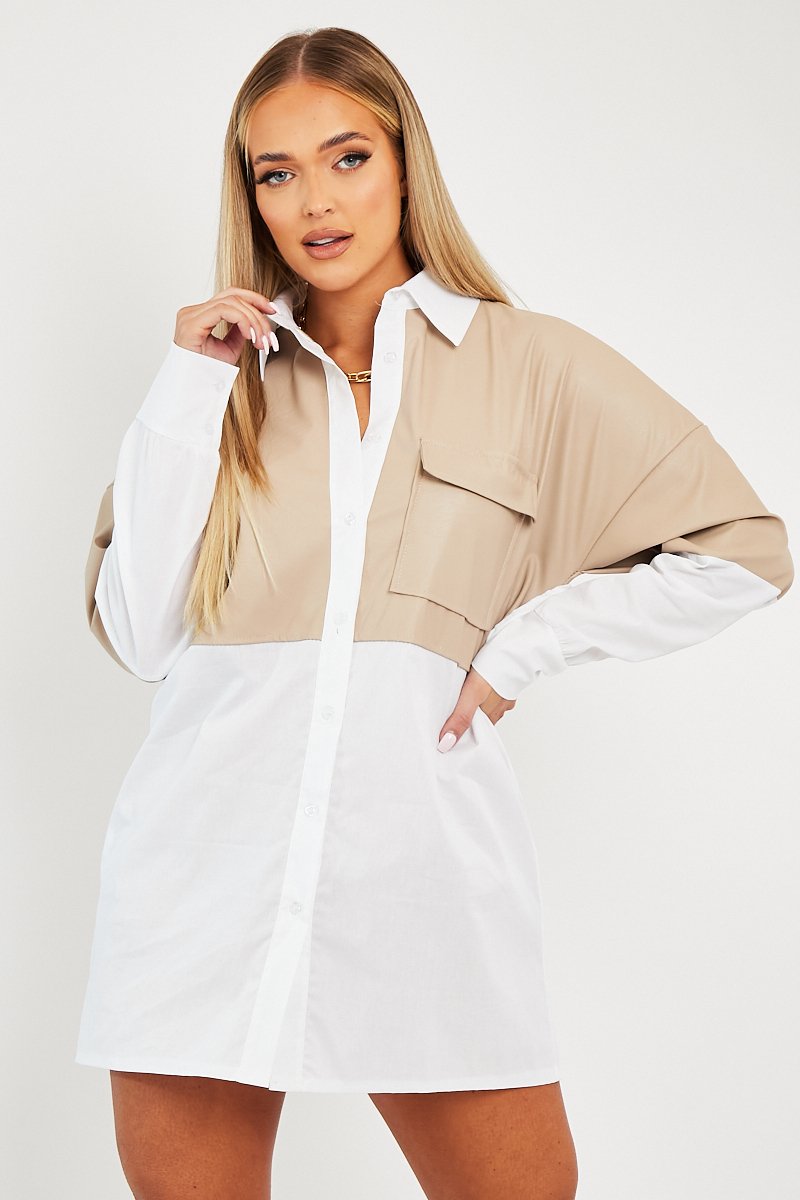 Stone Faux Leather Panel Shirt Dress - Arriya-Dresses
