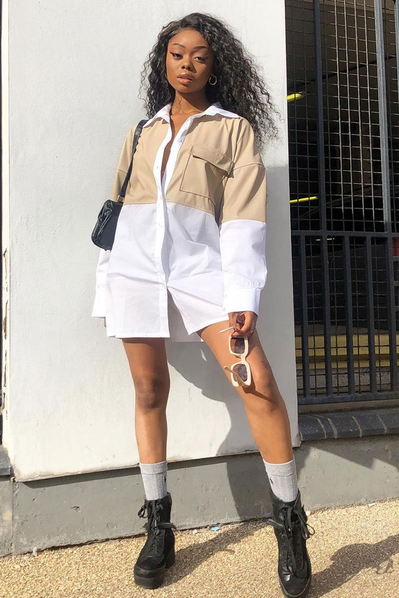 Stone Faux Leather Panel Shirt Dress - Arriya-Dresses