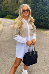 Stone Faux Leather Panel Shirt Dress - Arriya-Dresses