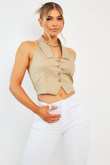 Stone Halterneck Plunge Waistcoat Top - Hazley-Tops