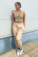 Stone Halterneck Plunge Waistcoat Top - Hazley-Tops