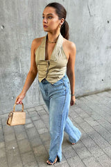 Stone Halterneck Plunge Waistcoat Top - Hazley-Tops