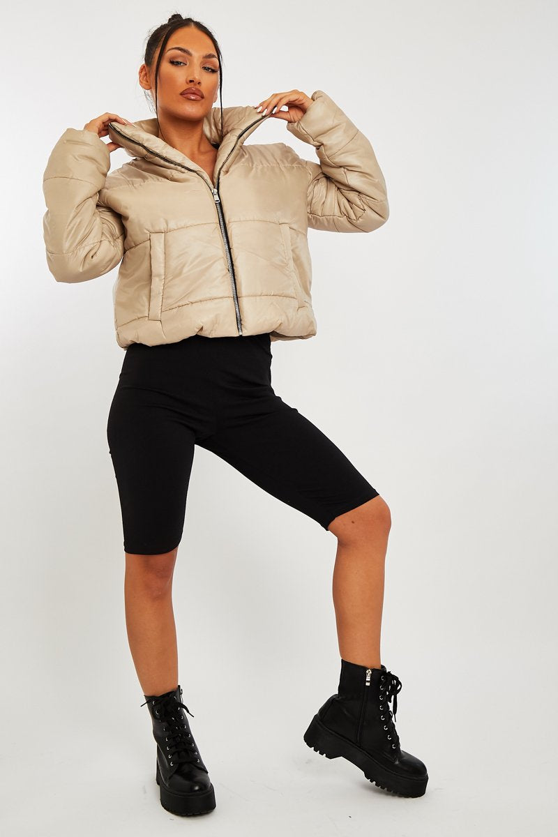 Stone High Neck Puffer Coat - Docie-Coats