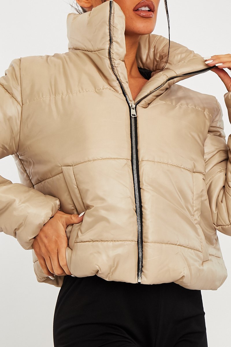 Stone High Neck Puffer Coat - Docie-Coats