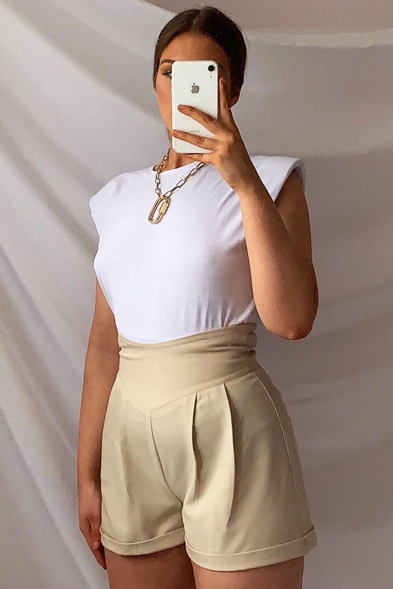 Stone High Waisted Tailored Shorts - Emile-Shorts