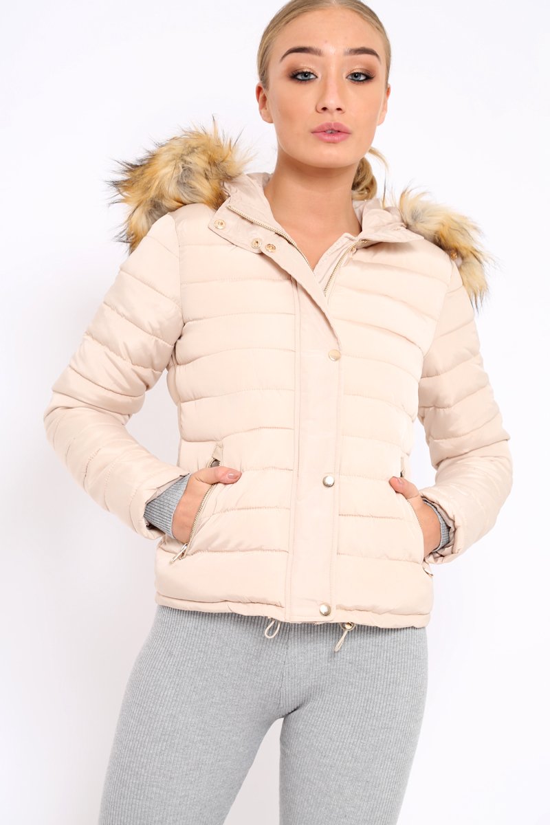 Stone Padded Coat with Fur Trim Hood - Helena-Coats
