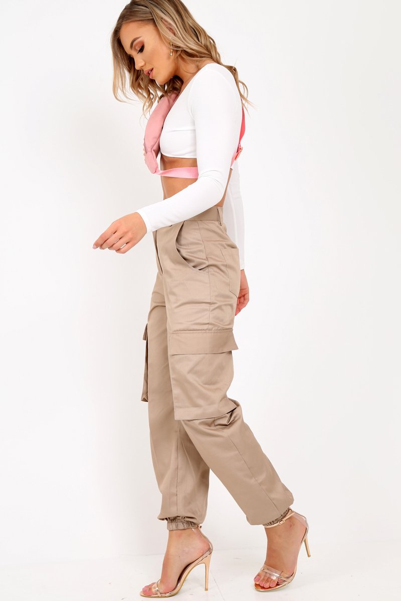 Stone Pocket High Waist Cargo Cuffed Trousers - Galya-Trousers