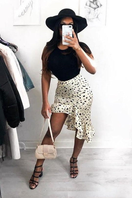 Stone Polka Print Frilled Hem Midi Skirt - Julia