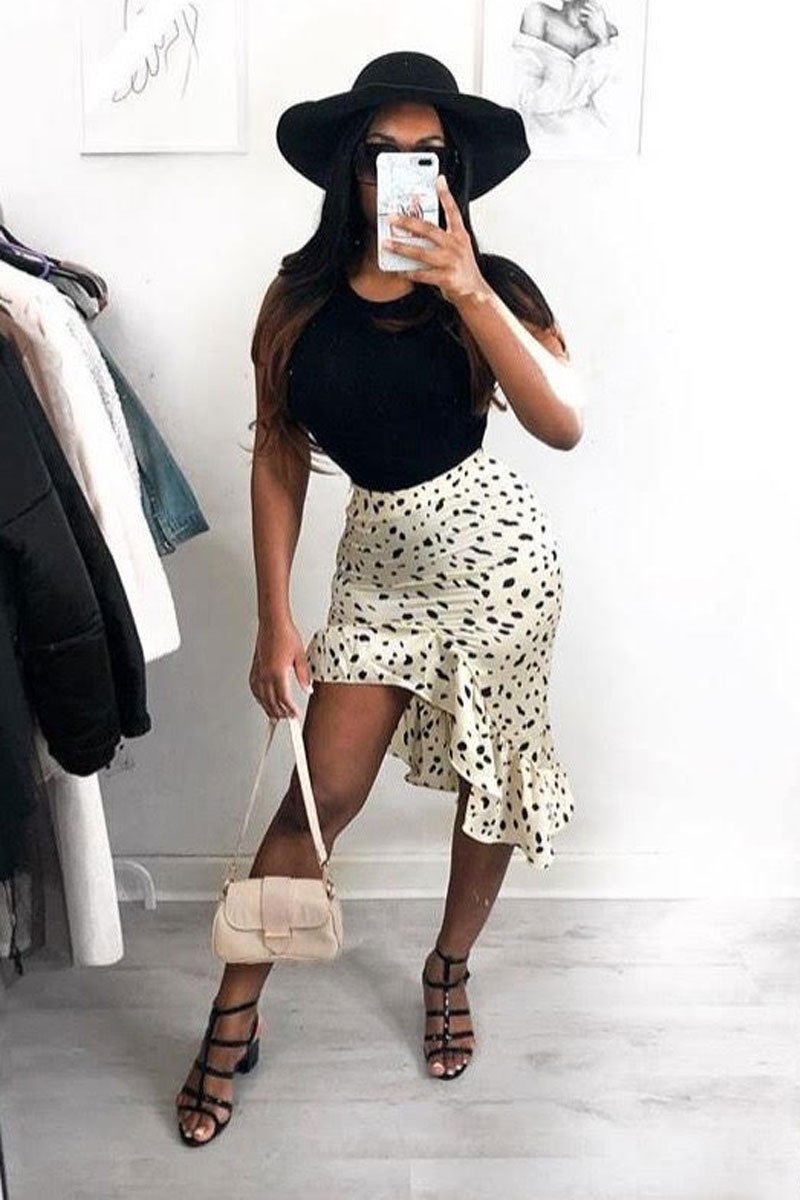 Stone Polka Print Frilled Hem Midi Skirt - Julia-Skirts