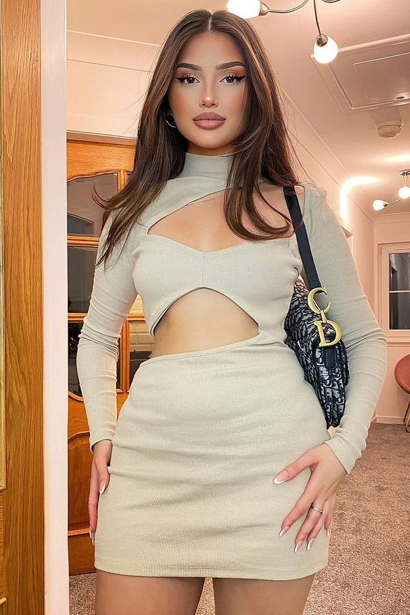 Stone Rib High Neck Front Cut Out Mini Dress - Paige