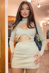 Stone Rib High Neck Front Cut Out Mini Dress - Paige