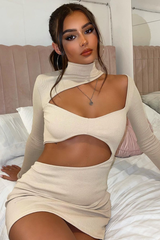 Stone Rib High Neck Front Cut Out Mini Dress - Paige