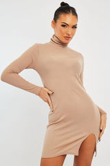 Stone Ribbed High Neck Side Split Mini Dress - Jamela-Dresses