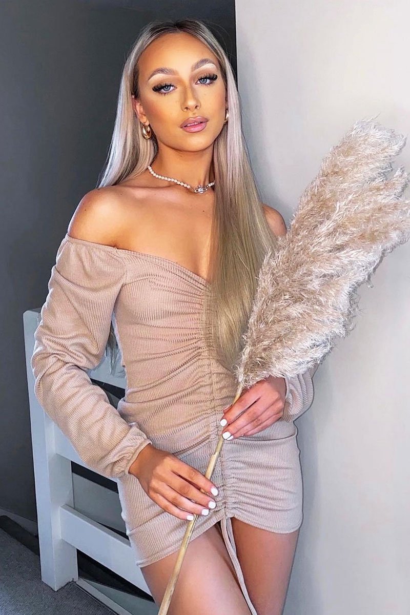 Stone Ribbed Ruched Centre Mini Dress - Nahlia-Dresses