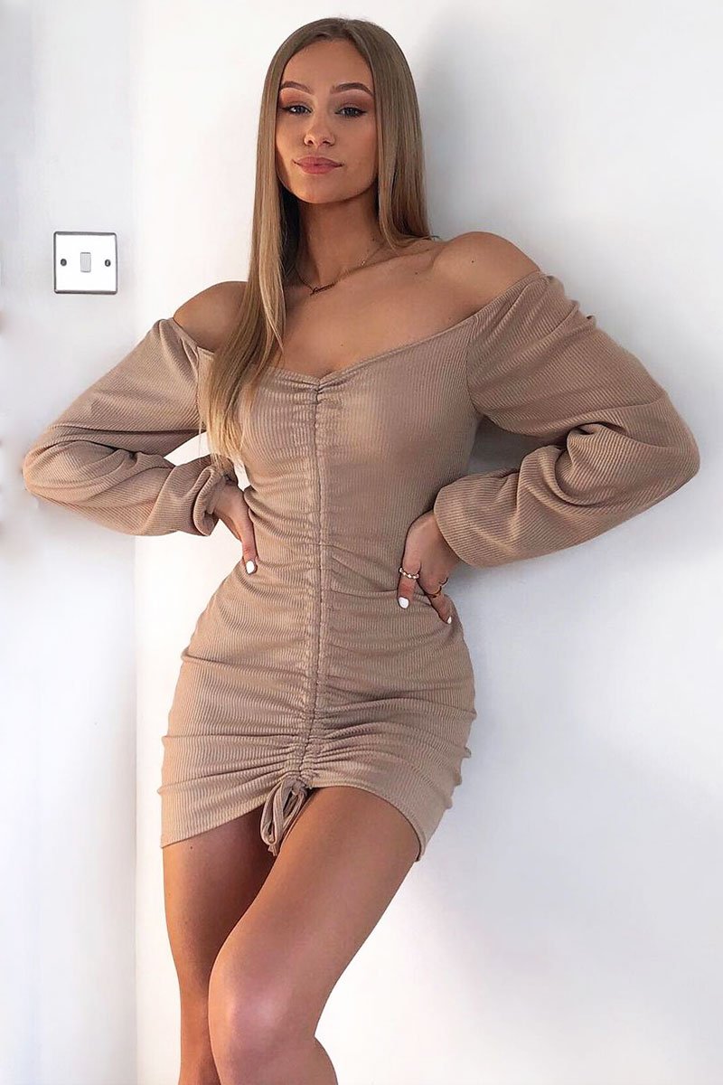 Stone Ribbed Ruched Centre Mini Dress - Nahlia-Dresses