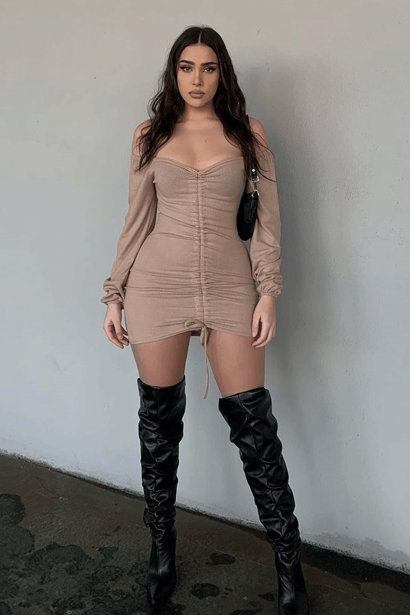 Stone Ribbed Ruched Centre Mini Dress - Nahlia-Dresses