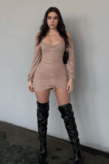 Stone Ribbed Ruched Centre Mini Dress - Nahlia-Dresses