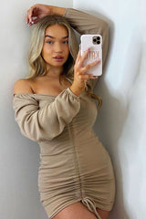 Stone Ribbed Ruched Centre Mini Dress - Nahlia-Dresses