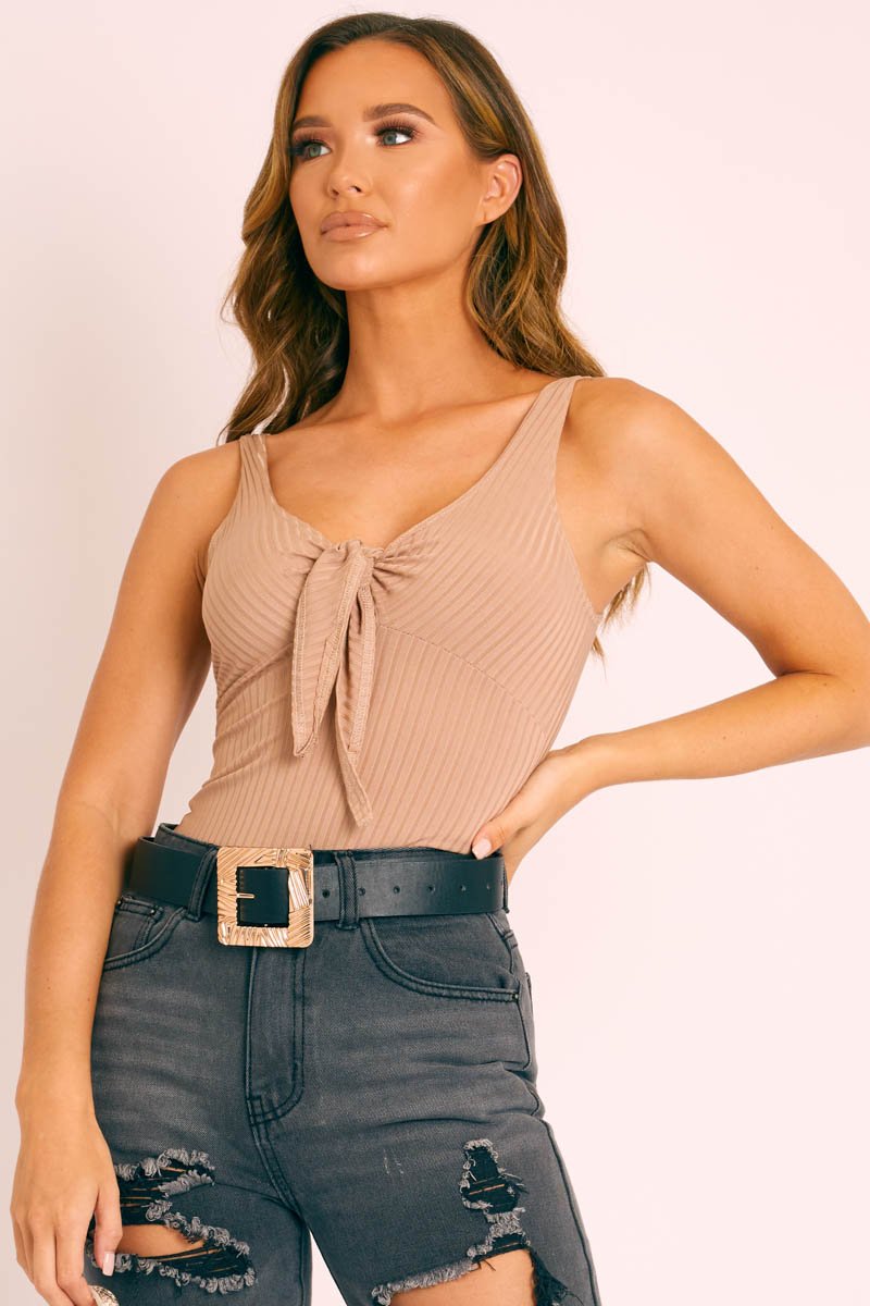 Stone Ribbed Tie Front Bodysuit - Jadynn-Bodysuits
