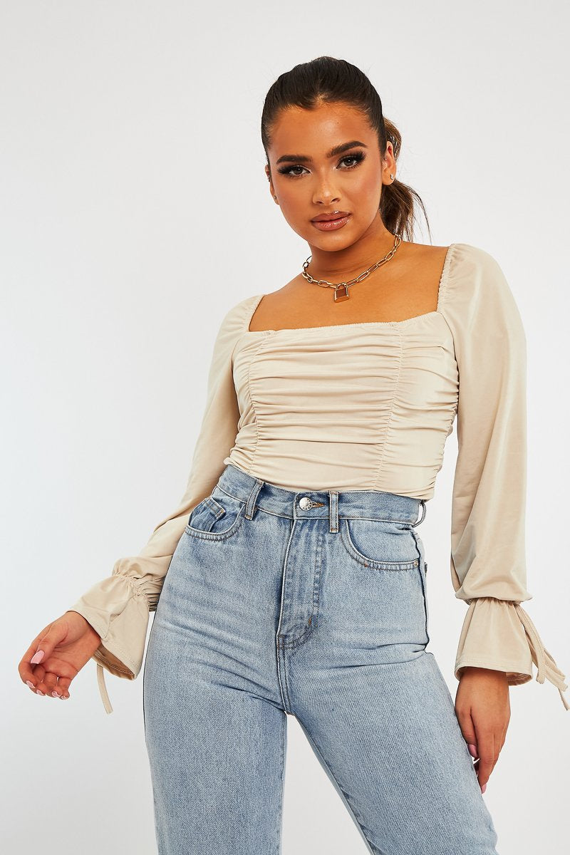 Stone Ruched Panel Tie Wrist Slinky Bodysuit - Elenna-Bodysuits