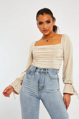 Stone Ruched Panel Tie Wrist Slinky Bodysuit - Elenna-Bodysuits