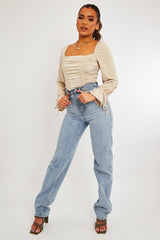 Stone Ruched Panel Tie Wrist Slinky Bodysuit - Elenna-Bodysuits