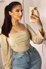 Stone Ruched Panel Tie Wrist Slinky Bodysuit - Elenna-Bodysuits