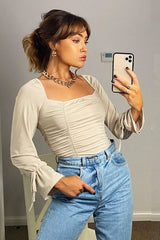 Stone Ruched Panel Tie Wrist Slinky Bodysuit - Elenna-Bodysuits