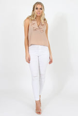 Stone Ruffle Collar V Neck Top - Cassie-Tops