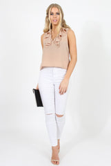 Stone Ruffle Collar V Neck Top - Cassie-Tops