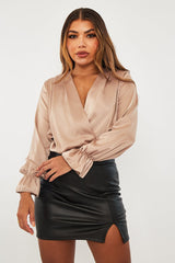 Stone Satin Plunge Wrap Bodysuit - Penelopi-Bodysuits
