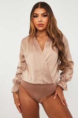 Stone Satin Plunge Wrap Bodysuit - Penelopi-Bodysuits
