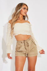 Stone Shirred Wrap Over Bardot Crop Top - Zuri-Crop Tops
