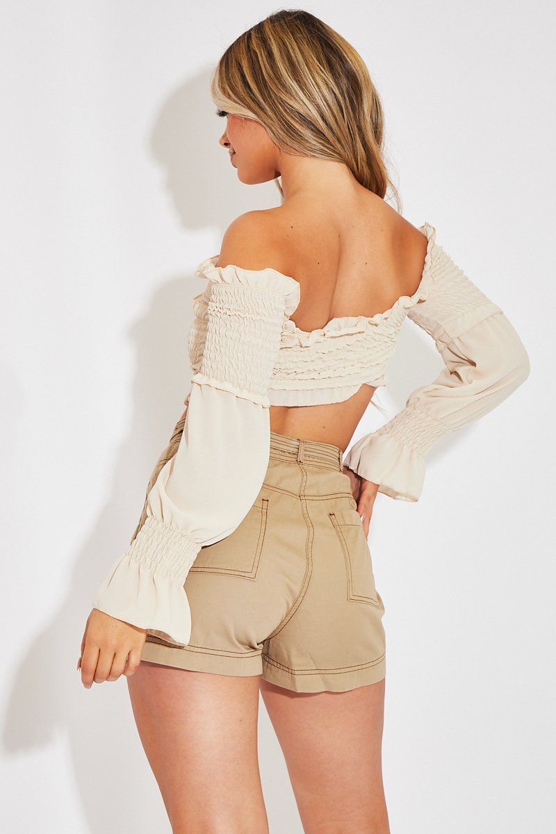 Stone Shirred Wrap Over Bardot Crop Top - Zuri-Crop Tops