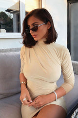 Stone Slinky High Neck Ruched Front Bodycon Dress - Carola-Dresses