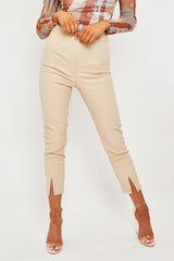 Stone Split Front Faux Leather Skinny Trouser - Meya-Trousers